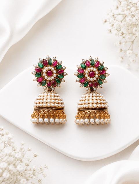 Ornate Ruby and Emerald Jhumka Earrings